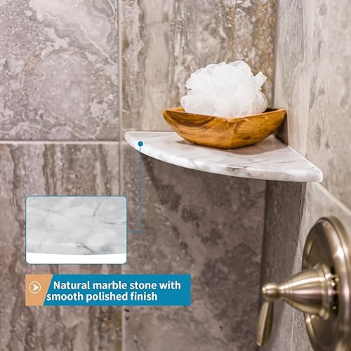 Miniatura 5 de Estante esquinero de piedra de mármol pulido de 9 pulgadas, organizador de ducha montado en la pared, soporte flotante para champú para baño,