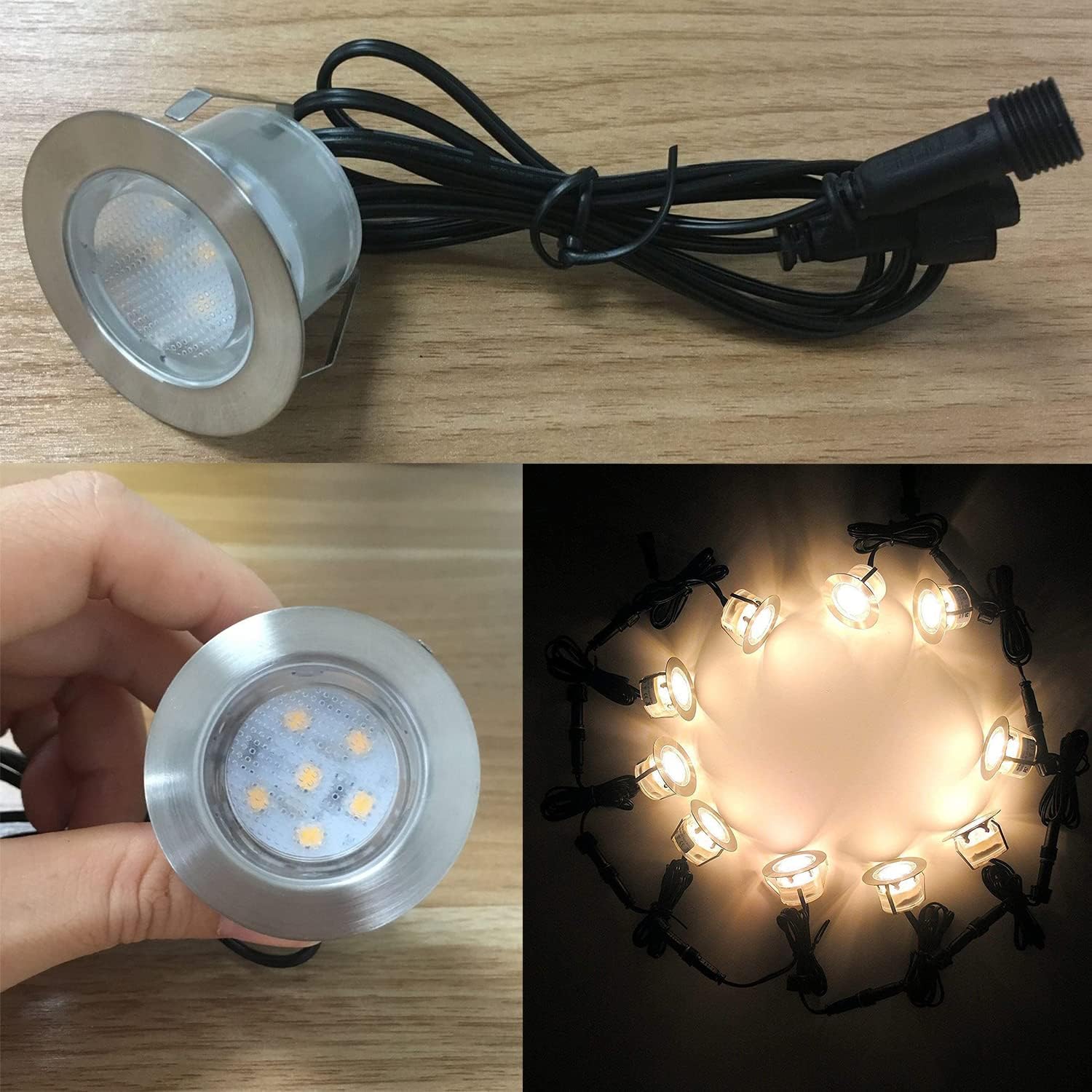 LED Outdoor Deck Lights Kits, Warm White Φ1.77in Low Voltage 12V DC IP67 Waterproof, Electric Wired Recessed Round Up Landscape Lighting for Outside Yard Stair Step Floor Riser, 12 Pack Silver