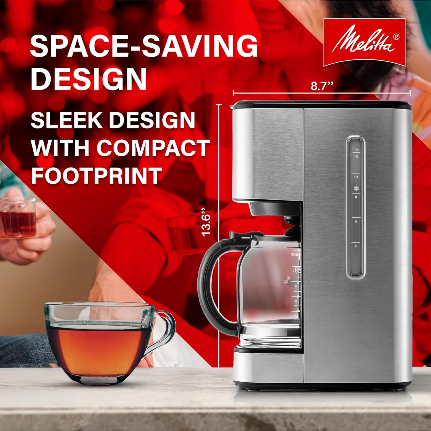 Melitta Aroma Tocco Plus Glass 12-Cup Drip Coffee Maker, Black & Stainless | Automatic & Programmable, Auto Shut Off, Touch Control Panel, 5-Pack Coffee Filters Included