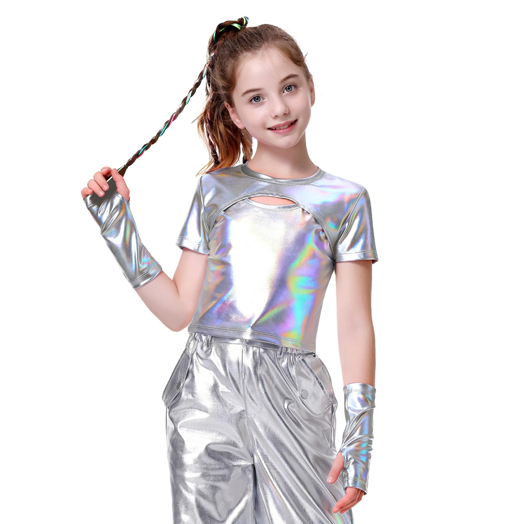 LOLANTA Top Metálico Camisa Danza Niña Jazz Moderno Hip-Hop Brillante para Baile