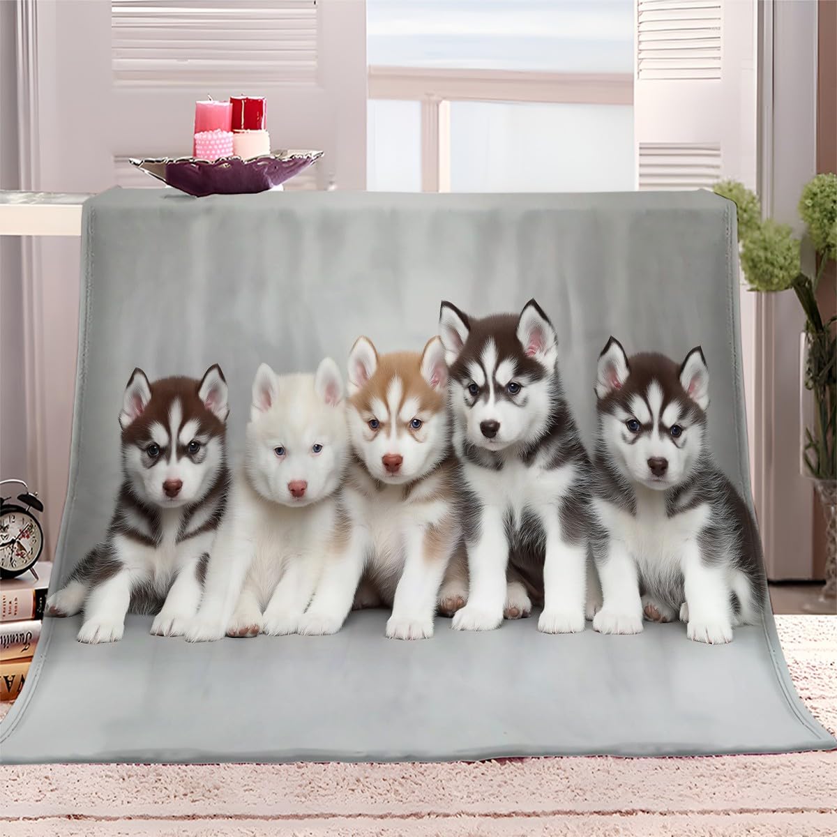 Fleece Throw Blanket 180x200 cm Gray Cartoon Husky Dog Fluffy Soft Couch Settee Blanket Warm Cosy Bed Blanket Travel Blankets for Bedroom Living Rooms Office
