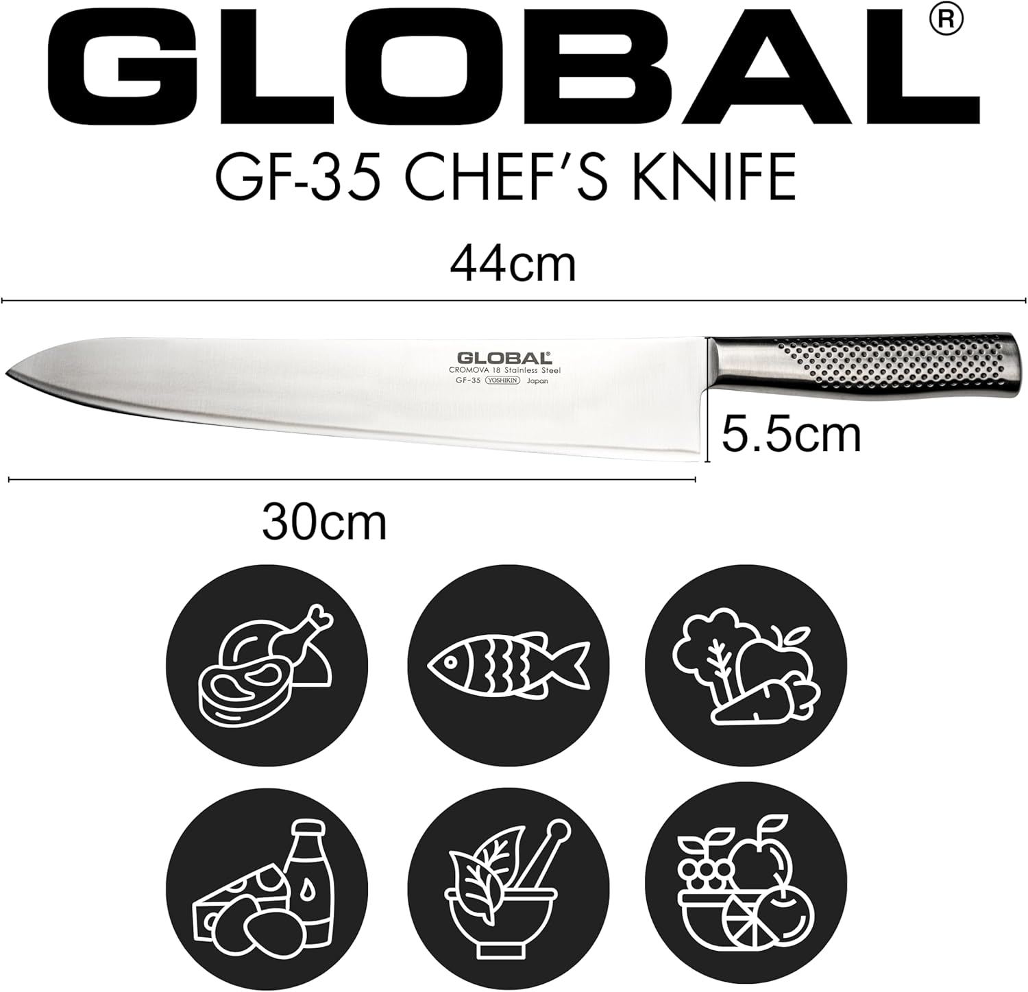 Global 12 inch Forged Heavyweight Chef's Knife - Japanese Stainless Steel, Razor-Sharp Edge, Made in Japan, GF-35