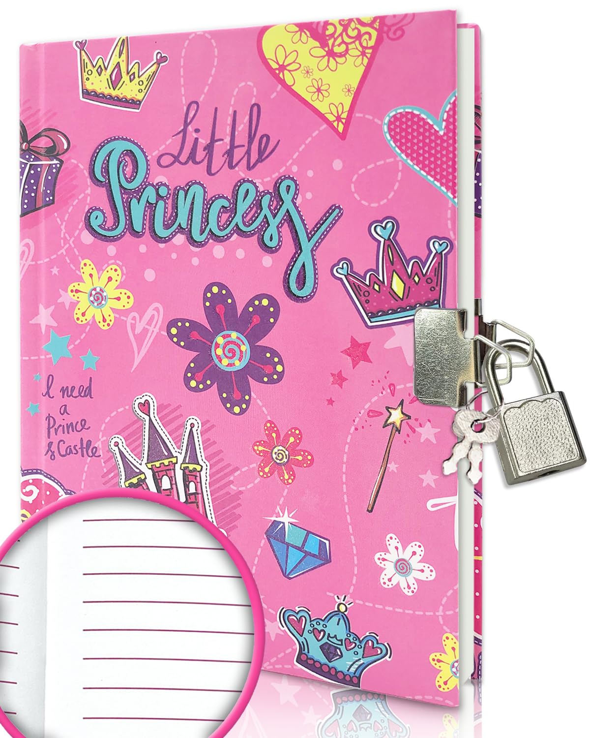 GINMLYDA Girls Diary with Lock for Kids, 7x5.25 Inches 160 Lined Pages Secret Pink Princess Notebook for Girls Journal with Lock for Kids Pre School Writing Drawing Cute Girls Gifts for Birthday