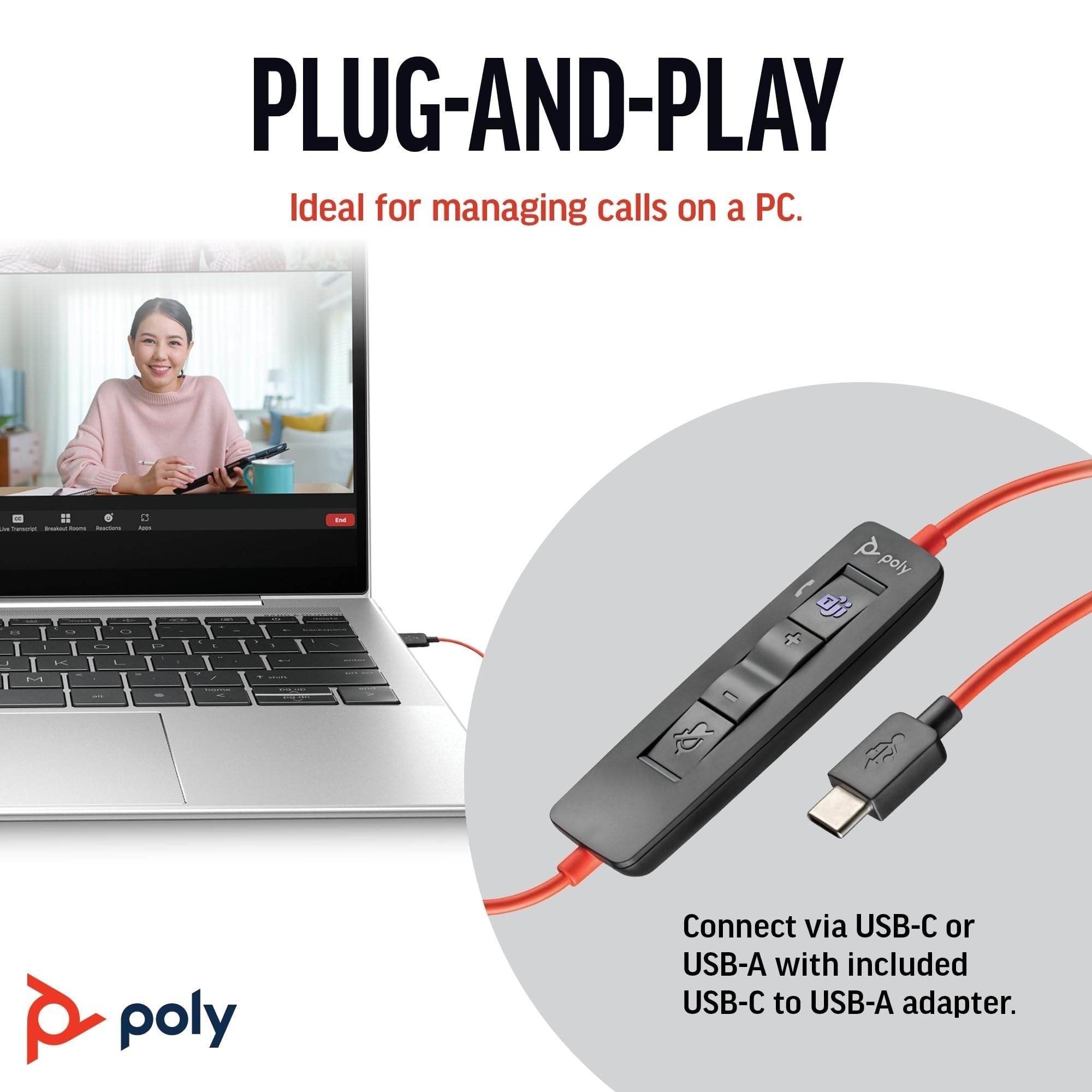 Poly Blackwire 3320, Cuffia Cablata con Connessione USB-A/C, Cuscinetti in Similpelle, Riduzione del Rumore e dell'Eco, Comandi sul Cavo, Adatta per Teams, Compatibile con Windows 10 e macOS,Nero