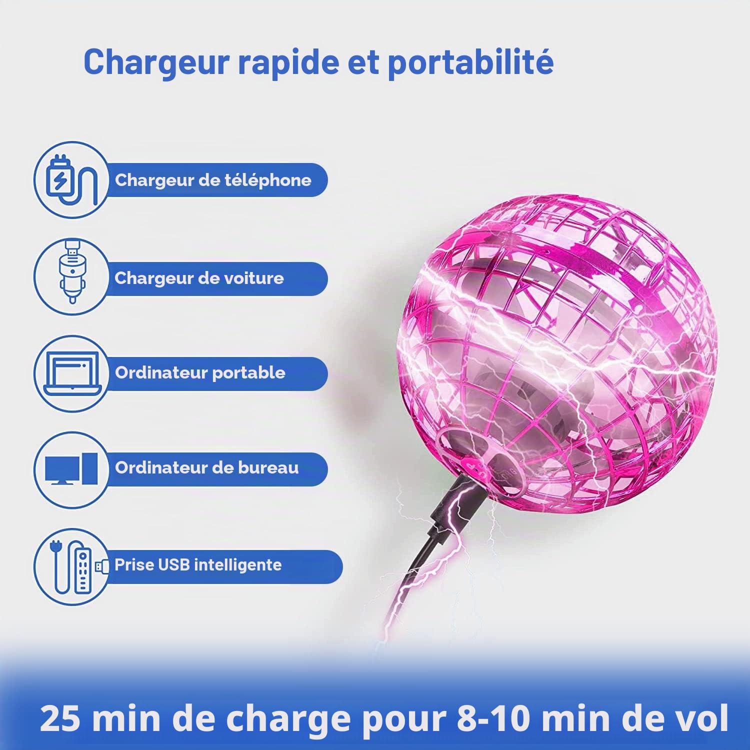 ASORT Boule Volante Lumineuse, Flying Ball Hover Ball, LED Balle Boomerang Air Ball, Fly Spinner Mini Drone Boule Volante Magique Rotative, Fly Orb pour Enfants, extérieur intérieur (Rose)