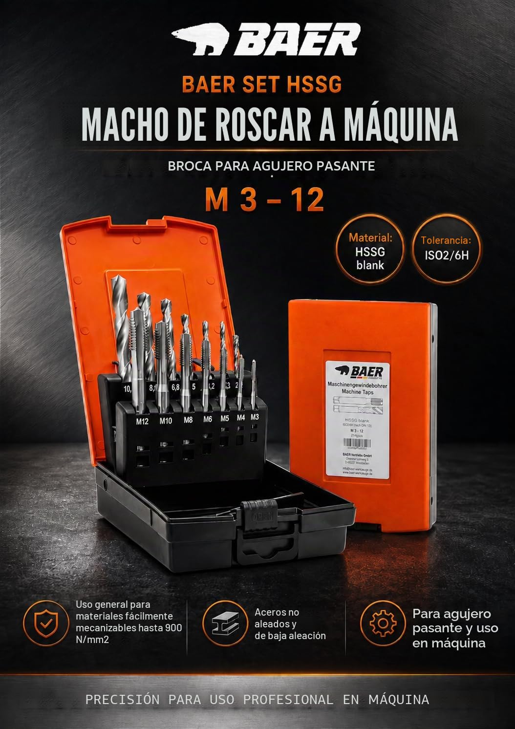 BAER Juego de machos de roscar HSSG: machos de rosca para máquina de perforación pasante | broca de perforación central: M 3 - M 12 – Juego de machos de roscas