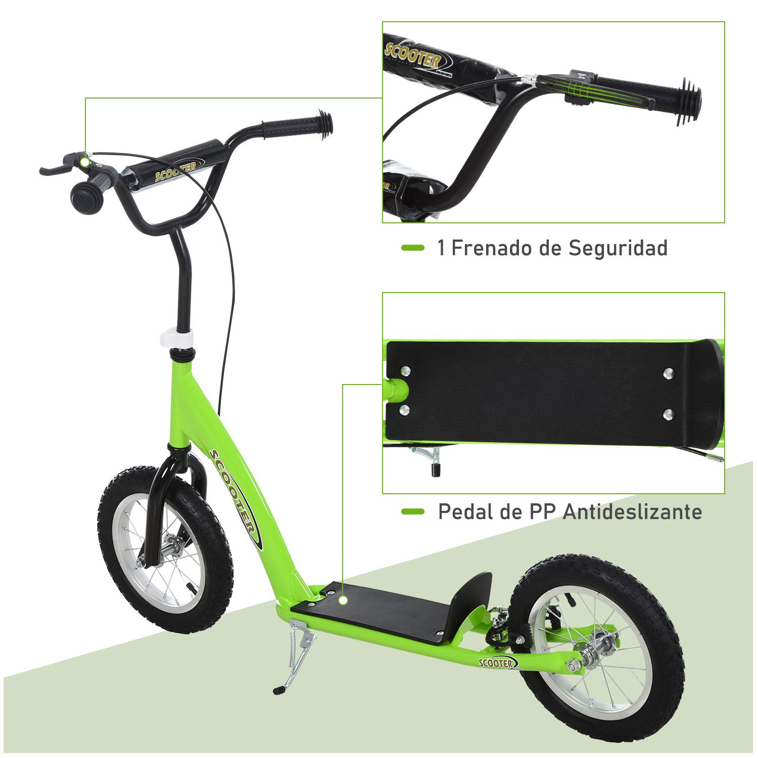 HOMCOM Patinete para Niños Mayores de 5 Años Scooter 2 Neumáticos Inflables de Caucho con Frenos Manillar Ajustable Pedal Antideslizante 117x52x80-85 cm Verde