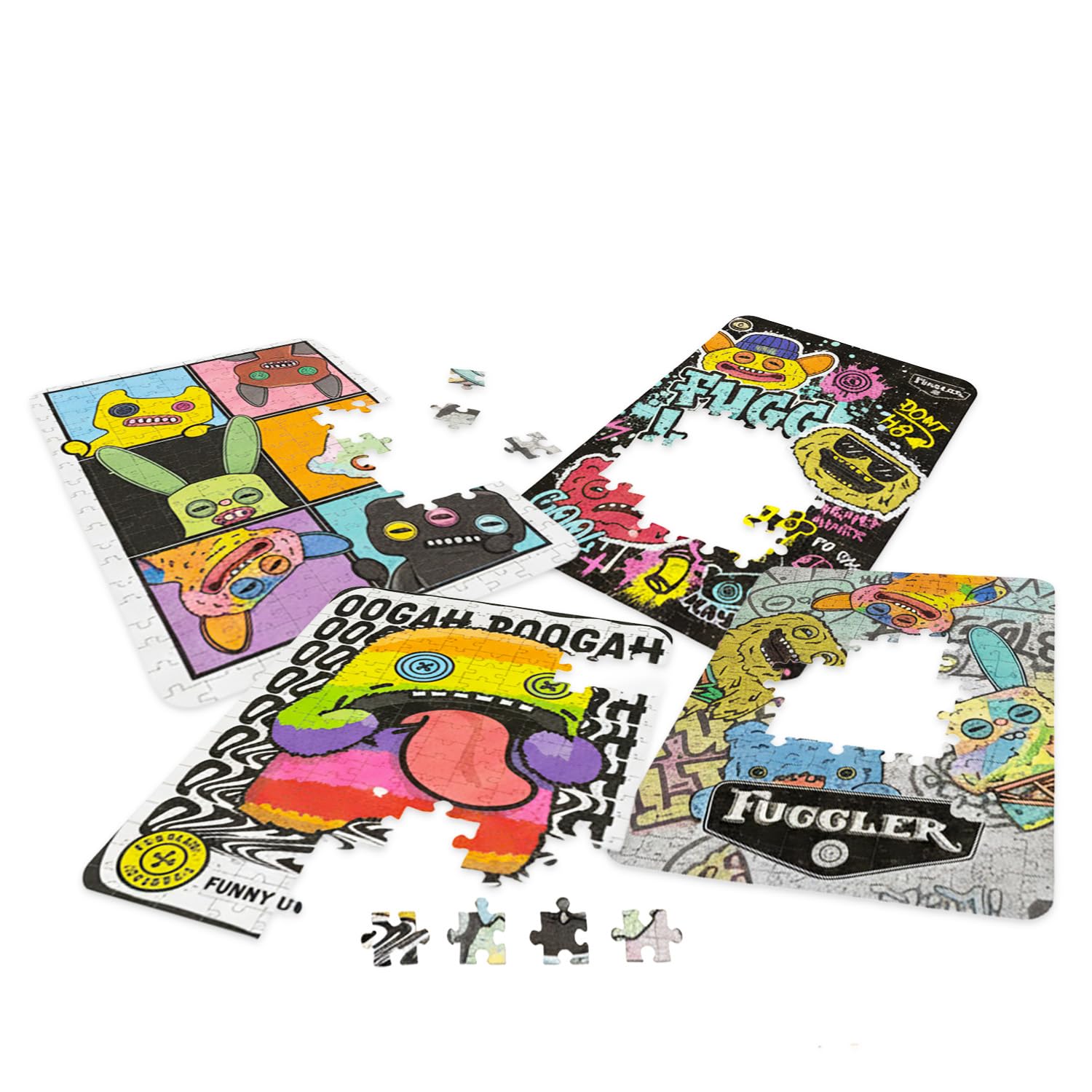 Fuggler Juego de rompecabezas – Paquete de 4 unidades con 200 piezas divertidas de monstruos feos más calcomanías y más para niños, adultos | Rompecabezas Fuggler 4 unidades
