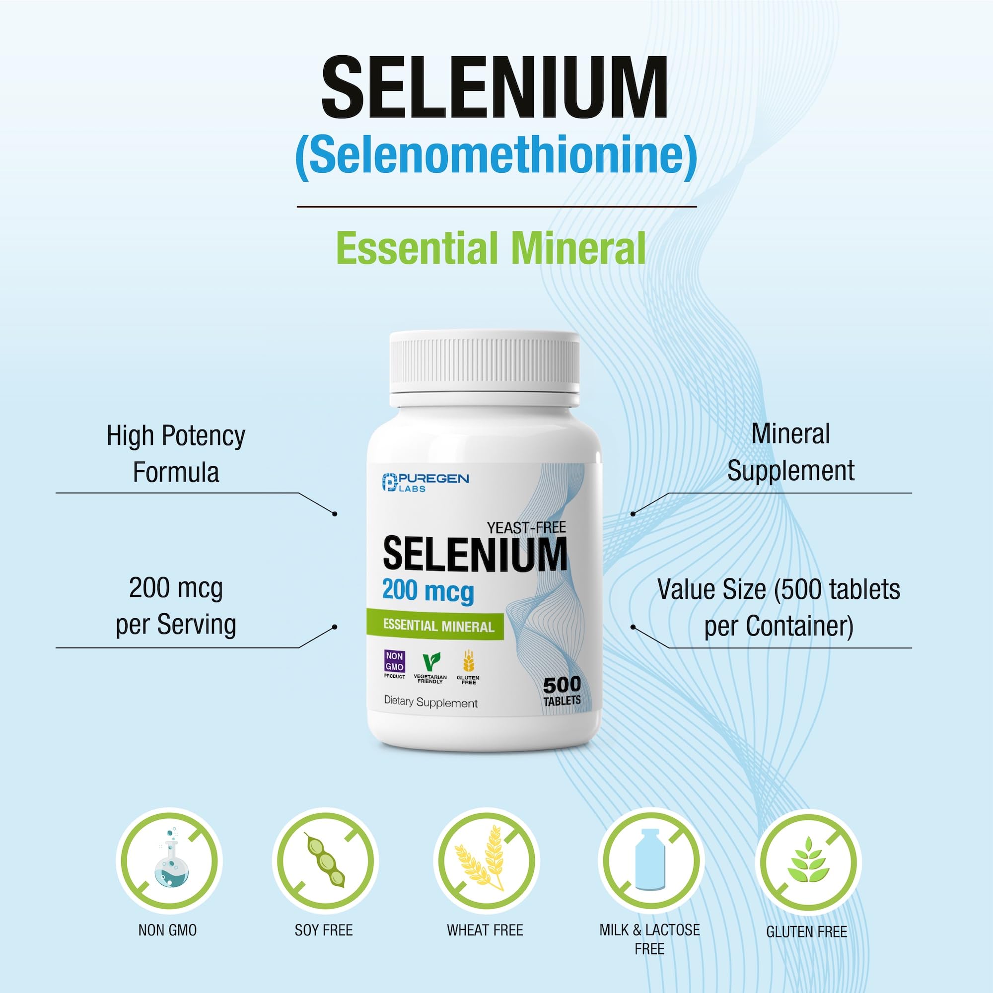 Puregen Labs Selenium 200 mcg Yeast Free Essential Mineral, 500 Tablets — Amazon image 3