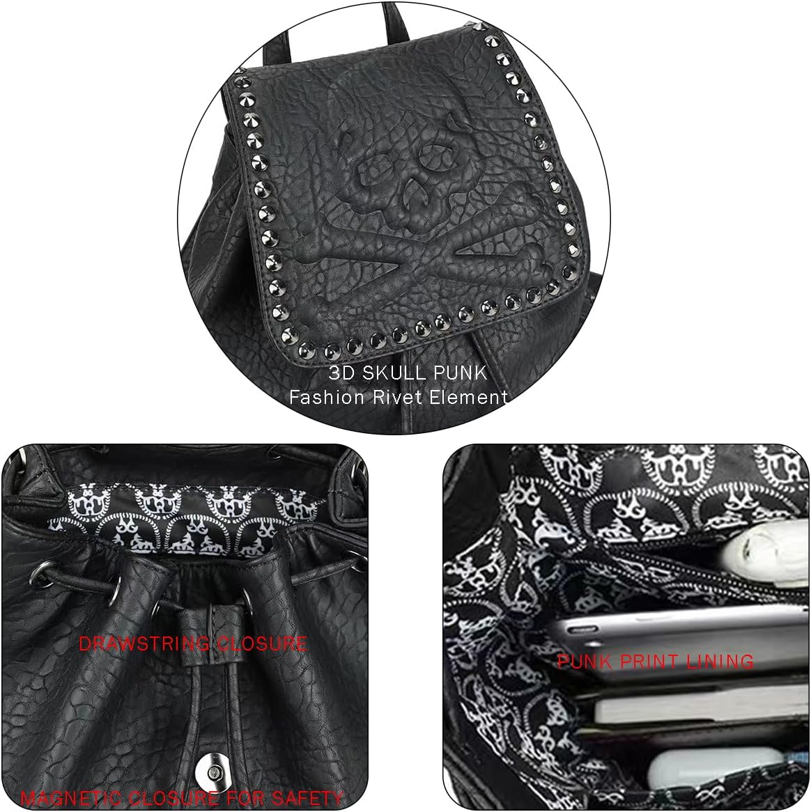 ★入手困難★【JUNENTER】[JUNENTER] スカルバックパック フード付きスカル ゴシック リュックサック リベットスタッズ ジッパー ショルダーバッグ