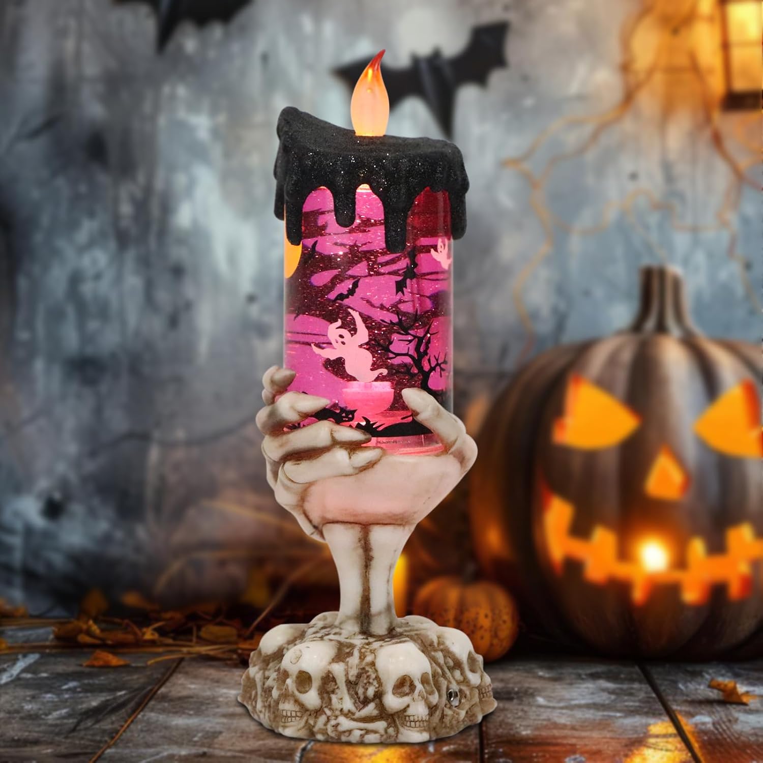 Eldnacele Halloween Snow Globe Candles Lighted Lamp USB Powered Battery Operated Spooky Spinning Water Glittering Tornado Flameless Candles Skeleton Hand Holder Halloween Centerpiece Decor(Ghost) 4-Ghost Skeleton Hand