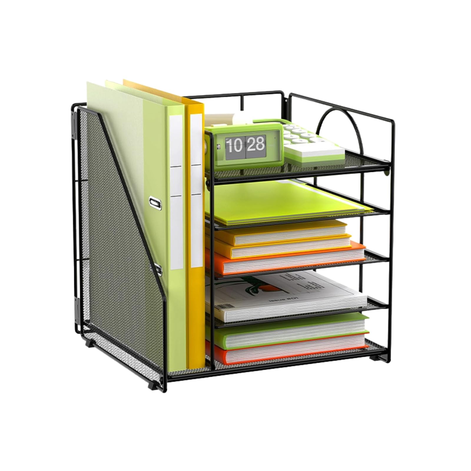 Desk Organizer with File Holder, 4-Tier Paper Tray Letter Organizer, Mesh Desk Accessories & Workspace Organizers for Office Supplies Storage (Black)