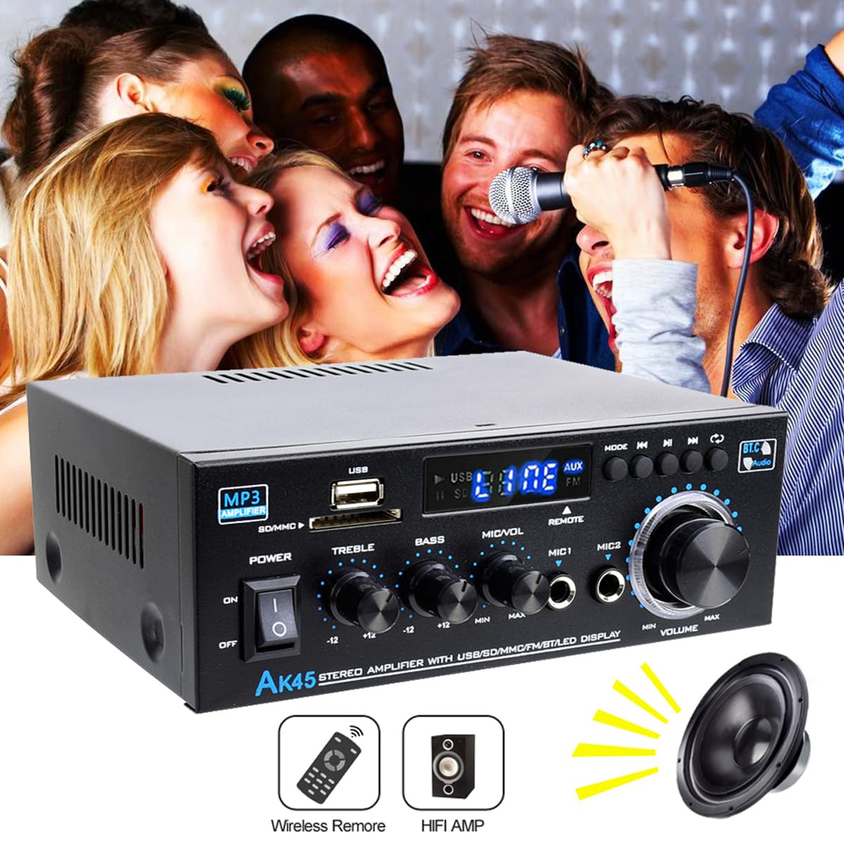 AK45 HiFi Stereo Versterker - 40W x 2 Mini Audio Ontvanger Met 2 Kanalen, Bluetooth 5.0, Digitale Eindversterker Met USB, SD, FM, RCA