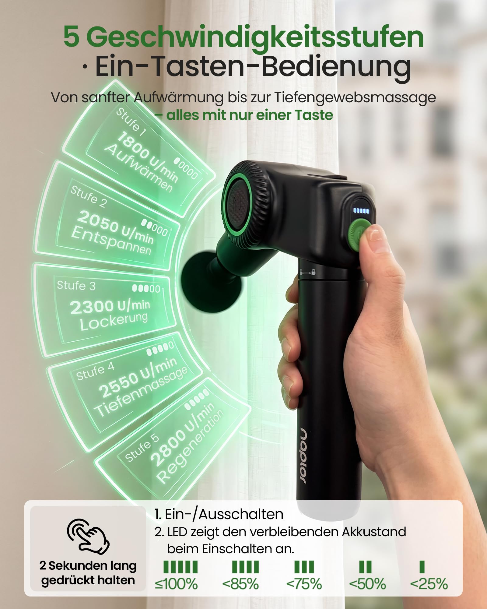 Faltbare Massagepistole mit Verlängerungsgriff für Rücken | Massagegerät mit 5 Einstellbaren Winkeln, Massage Gun 10 mm, 2800 U/min, 5 Geschwindigkeiten, 5 Aufsätzen, Tragetasche