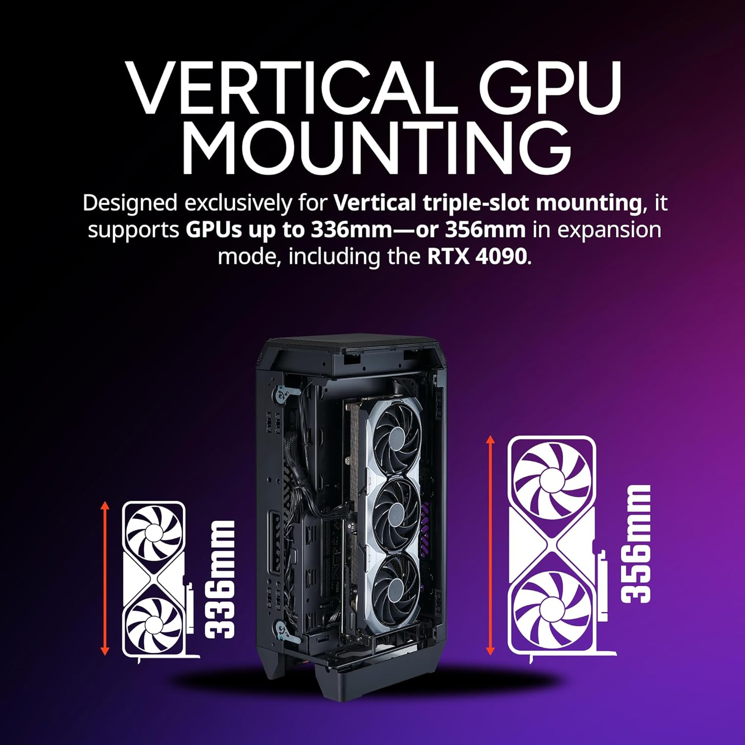 Diagram demonstrating vertical GPU mounting in the Cooler Master NCORE 100 Air, supporting GPUs up to 356mm in expansion mode.