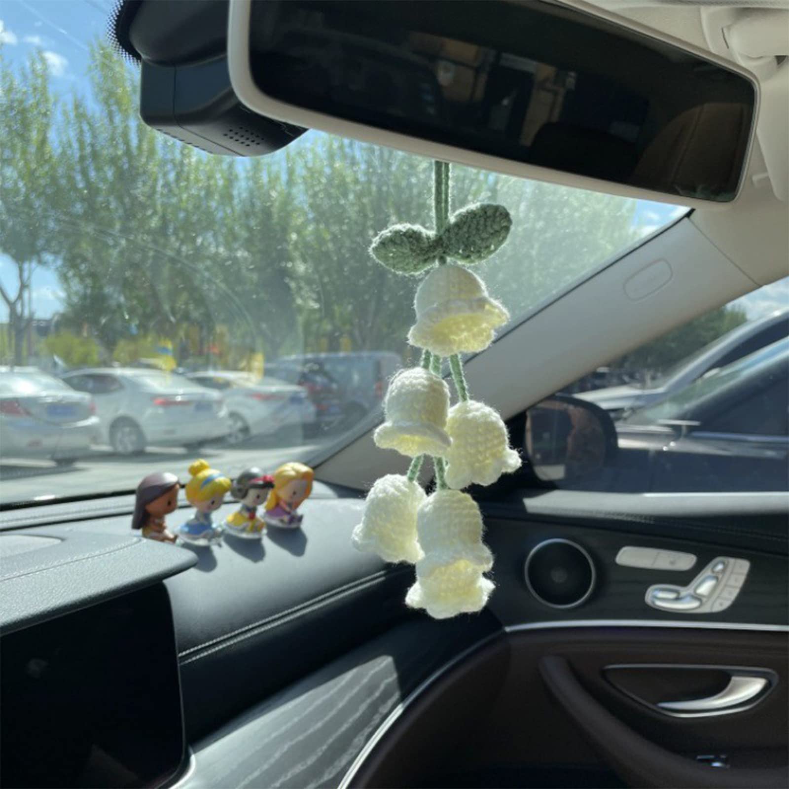 Cute White Crochet Convallaria Car Mirror Hanging Accessories,Car Accessories Interior Aesthetic,Handmade Crochet Car Hanging Accessories for Women
