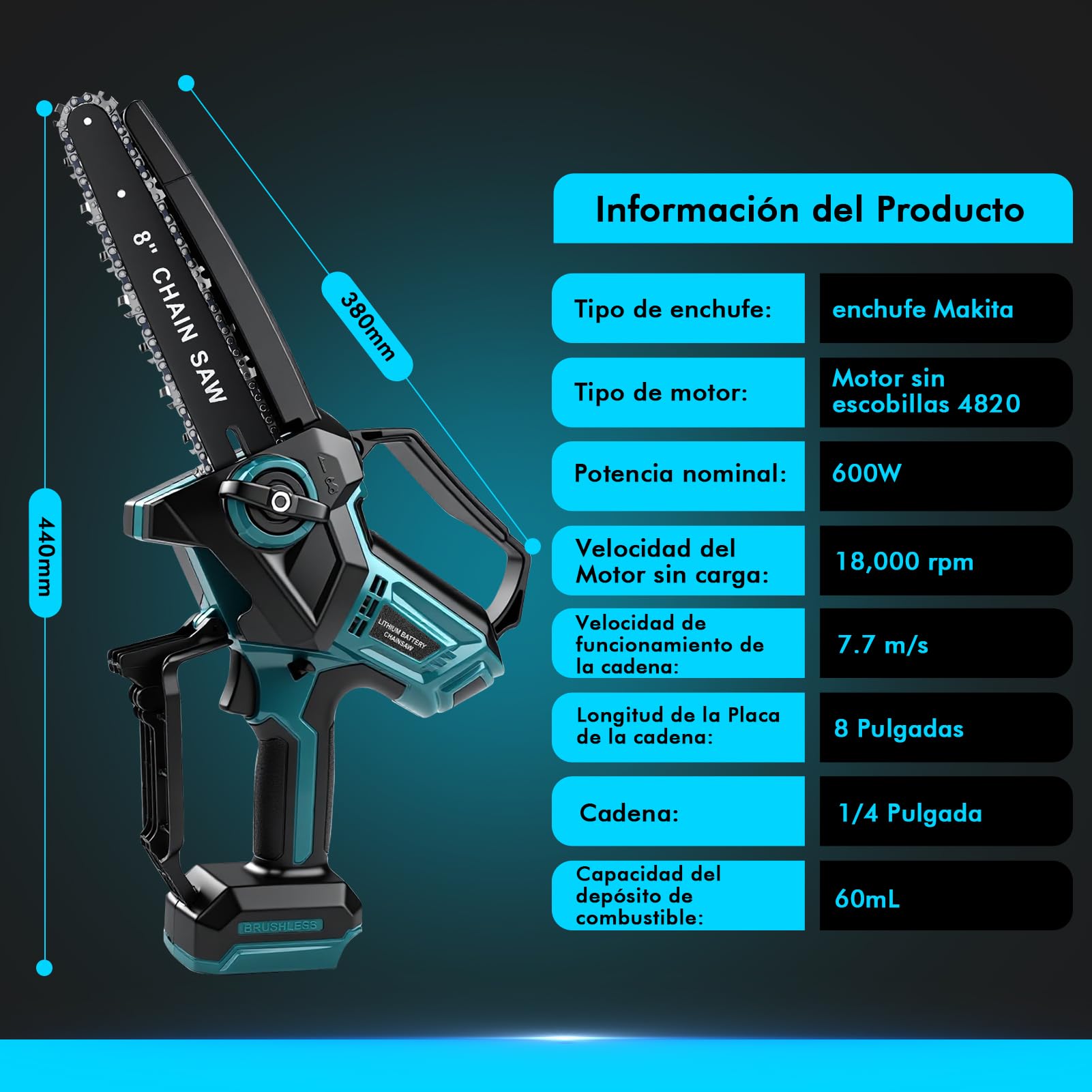 Mini Motosierra Batería 8 Pulgadas, Motosierra para Makita batería 18 V, 600W Motosierras Eléctrica con 2 cadenas, 2 placas guía, engrasador automático, para Podar Arboles de Jardinería
