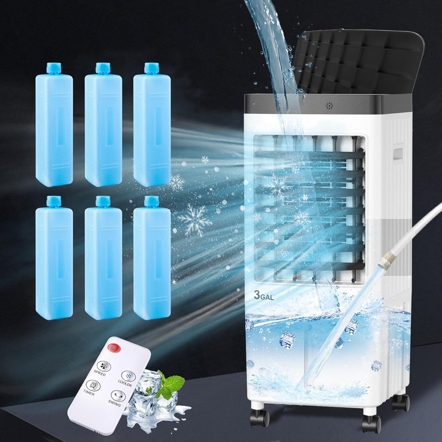 Portable Air Conditioners, 3.2Gal Room Air Conditioners, Cooling Up to 20H, Swamp Cooler with 6 Ice Pack, Ac Unit with Timer, 3 Speeds, 70w Oscillating, Air Cooler for Room Kitchen Bedroom Garage