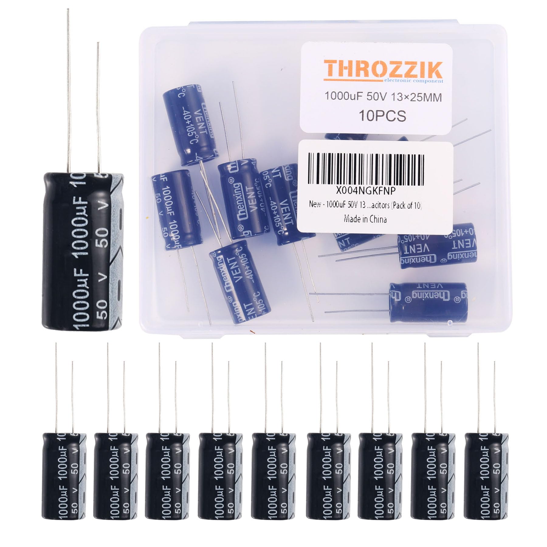 THROZZIK 1000uF 50V 13 * 25mm 10pcs Electrolytic Capacitor 1000 UF MFD 50 Volt 0.51 * 0.98in Aluminum Capacitors