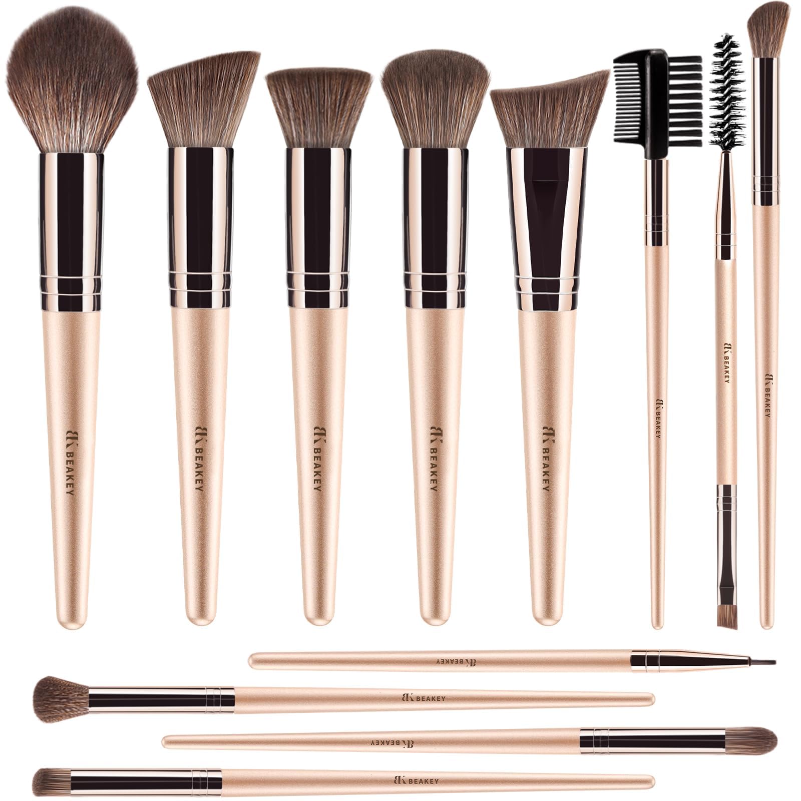 BEAKEY Makeup Brushes, 12-Piece Vegan Set for Foundation and Eyeshadow Gold