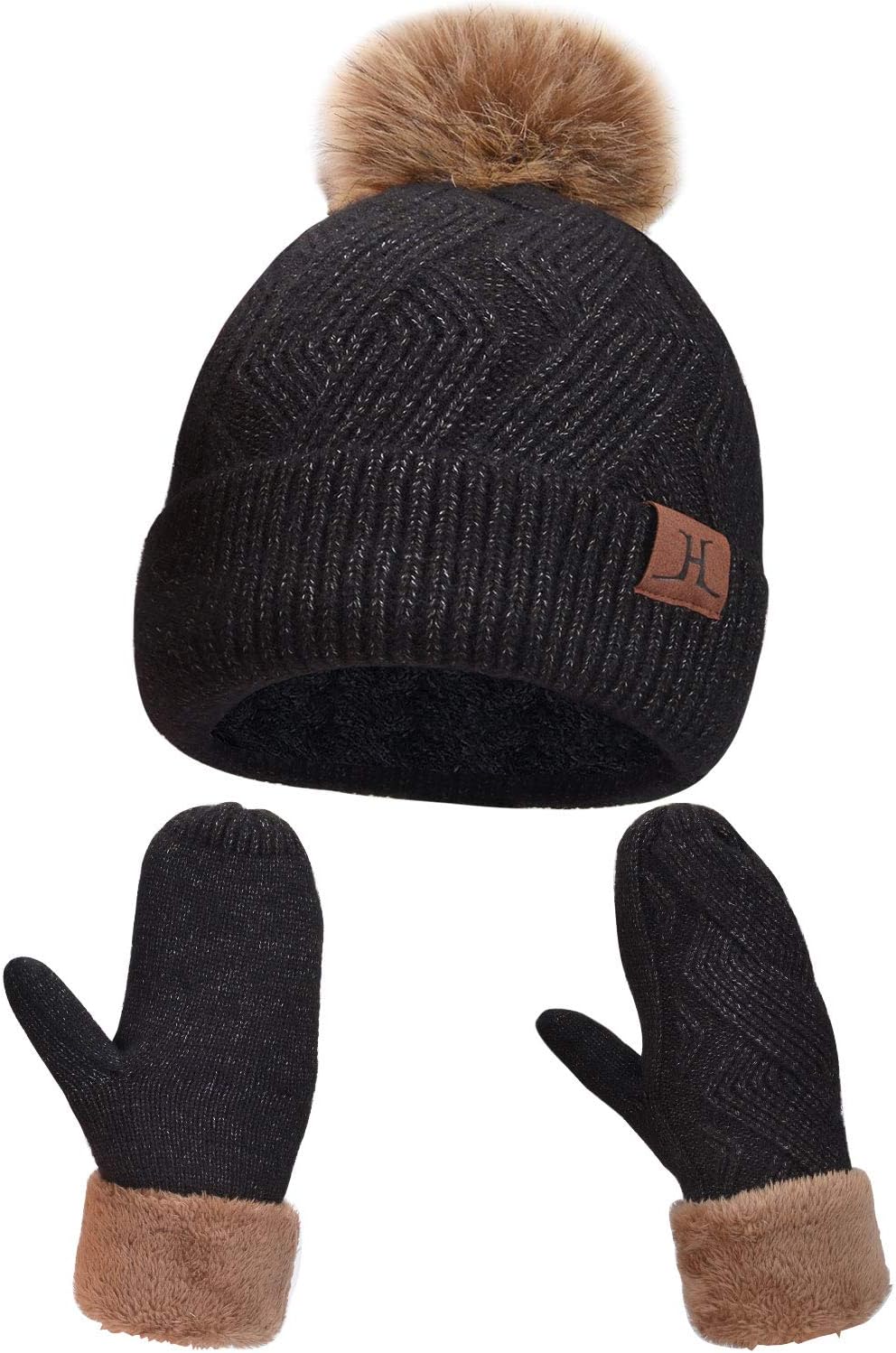 MAYLISACC Hat and Gloves for Women, Thermal Winter Knit Beanie Hats-and-Mittens 2 Pcs Set Ladies Thick Fleece Lined