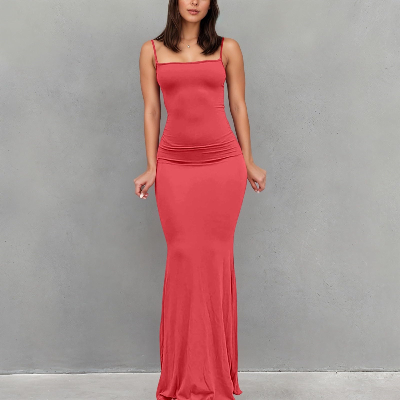 Casualowa letnia sukienka bez rękawów, długa z kieszeniami, zwiewna plaża, (arbuz)