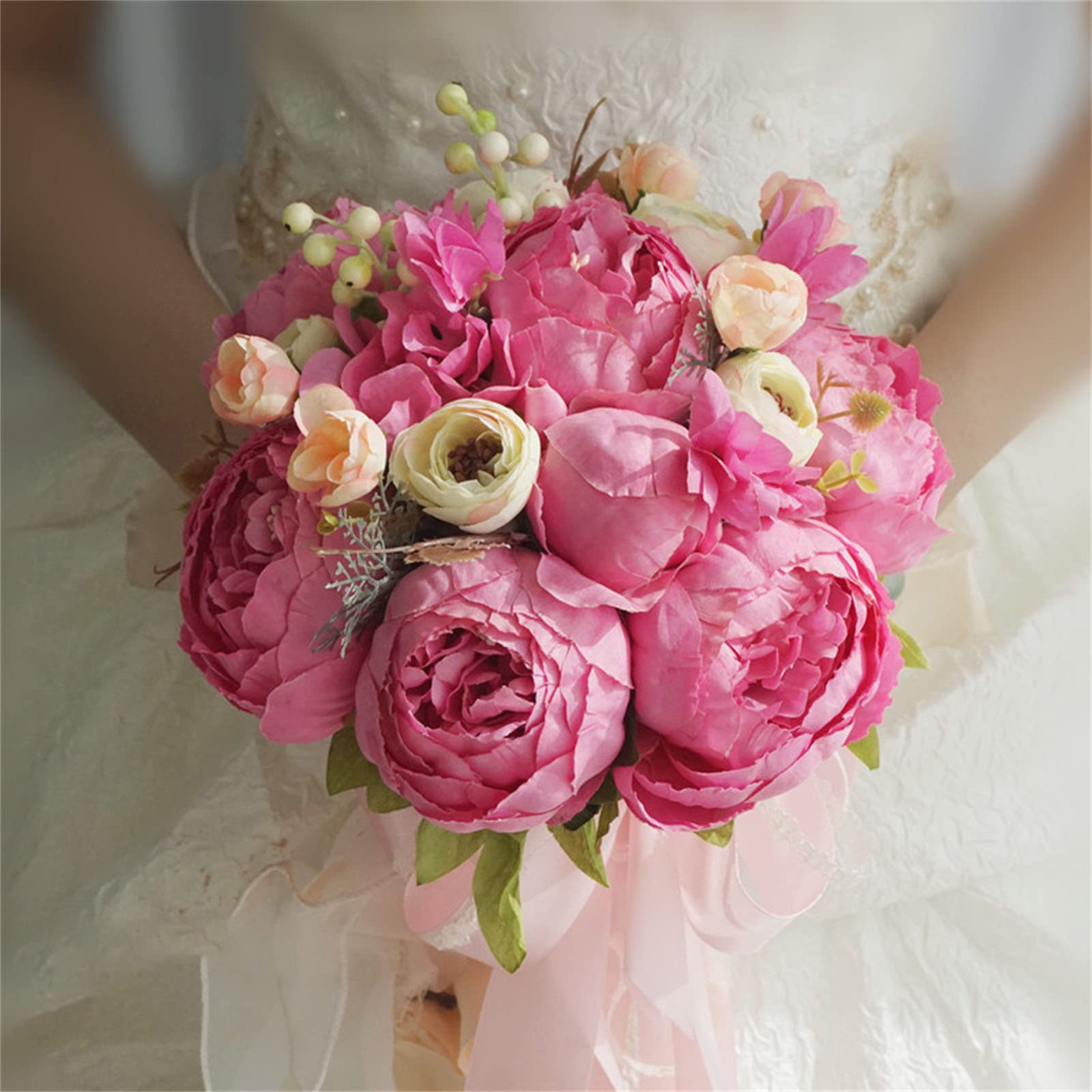 HJRegaFimu Bride Holding Flowers Artificial Home Décor Pink Peony Wedding Bouquet With Ribbon Handmade Bridal For Proposal Church Interesting