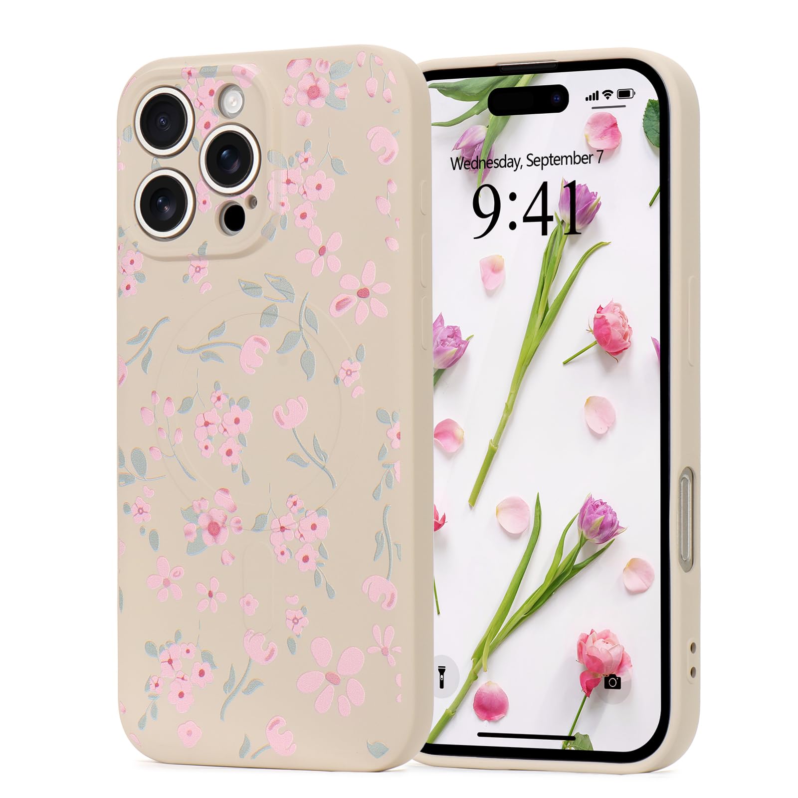 Wirvyuer Floral Elegant Design Phone Case for iPhone 16 Pro, Compatible with MagSafe Shockproof Protective Cover for Women Girls Slim Fashion Flower