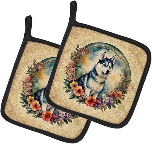 Caroline's Treasures Siberian Husky and Flowers Pair of Pot Holders Kitchen Heat Resistant Pot Holders Sets Oven Hot Pads for Cooking Baking BBQ, 7