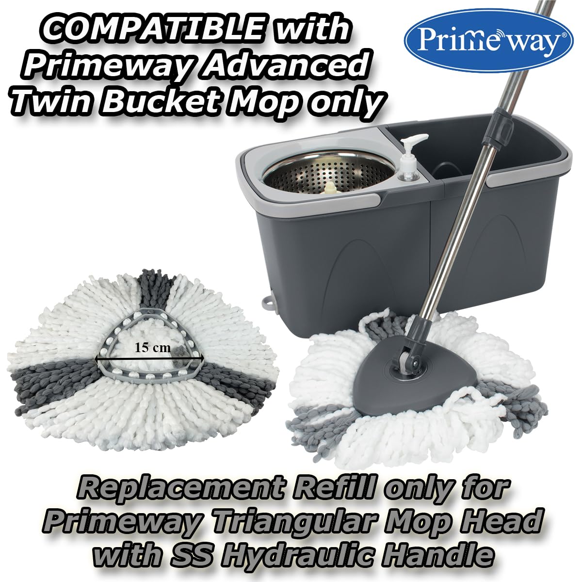 Primeway® Microfibre Triangular Mop Head | Replacement Refill for Spin Mop | Water Absorbent | All Surface Floor Cleaning | 115 Grams Each | 36 cm Diameter | White & Grey | Pack of 2 Refills 3