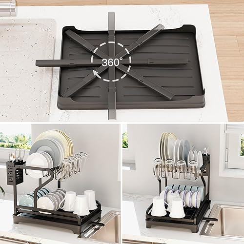 Miniatura 3 de HORIAMIT Escurridor de platos para encimera, estante grande de 2 niveles a prueba de óxido con escurridor, soporte de vidrio, soporte para utensilios