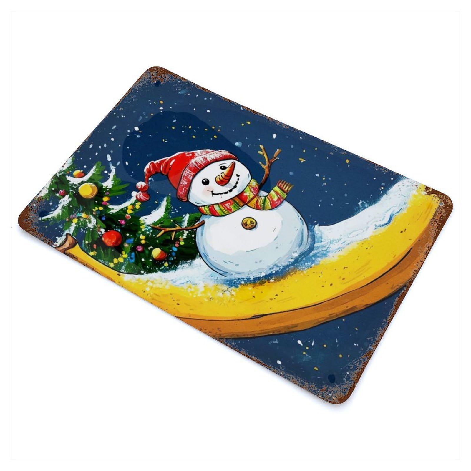 Snowman Banana Christmas Weathered Tin Sign 11.8"x7.9", Vintage Wall Decor for Garage, Pub Or Kitchen