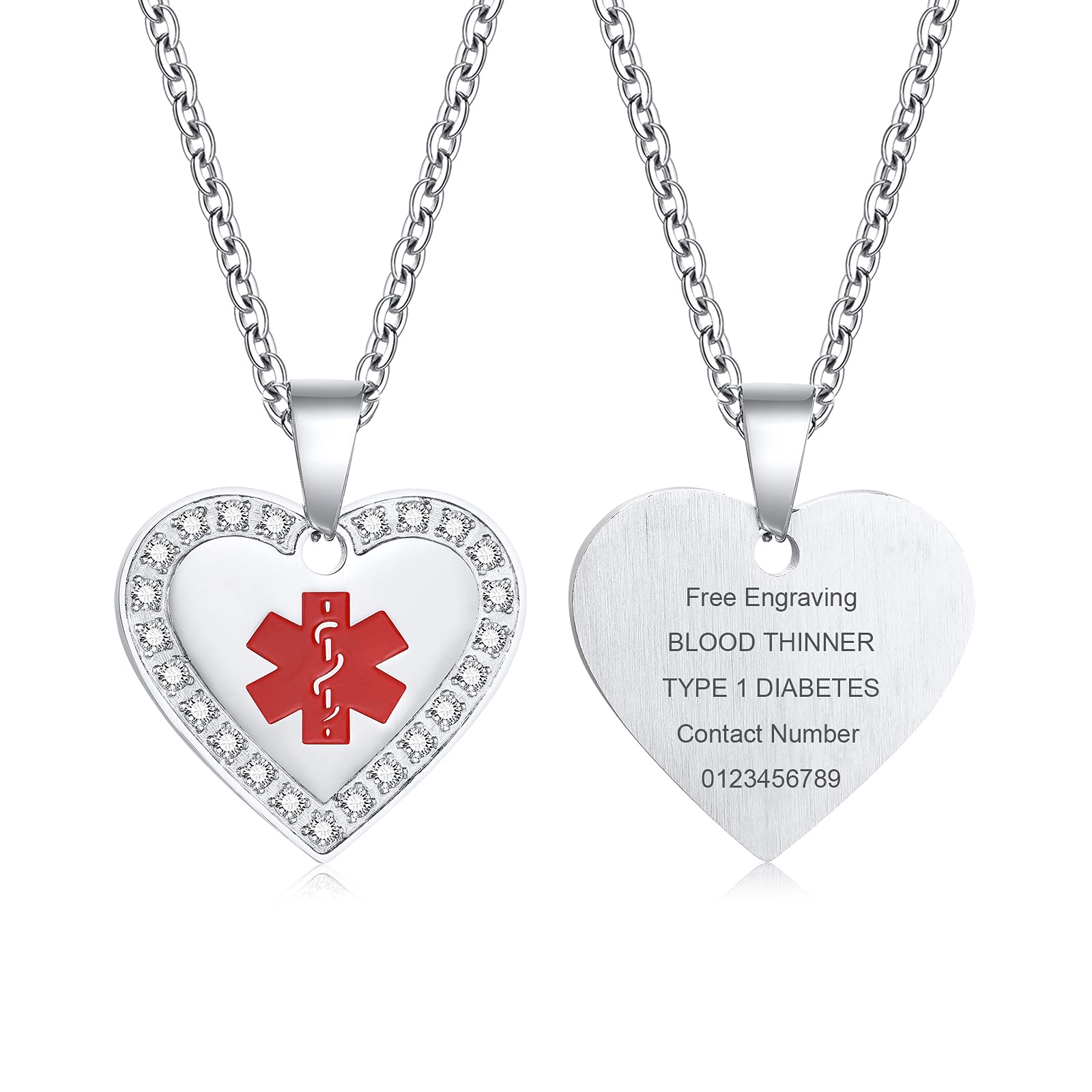 VNOXPersonalizar Personalizado de Acero Inoxidable CZ Cubic Zirconia Heart Medical Alert Collar Colgante para Mujeres,Regalo para Mujeres