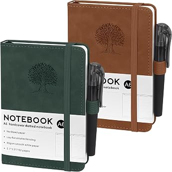 Notebook A6 Pack of 2 Notebooks A6 80 GSM Paper 14.5 x 9.9 cm 192 Pages Notepad Blank with Elastic Band Pockets Notebooks Made of PU Leather for School Work and Meetings Brown & Green