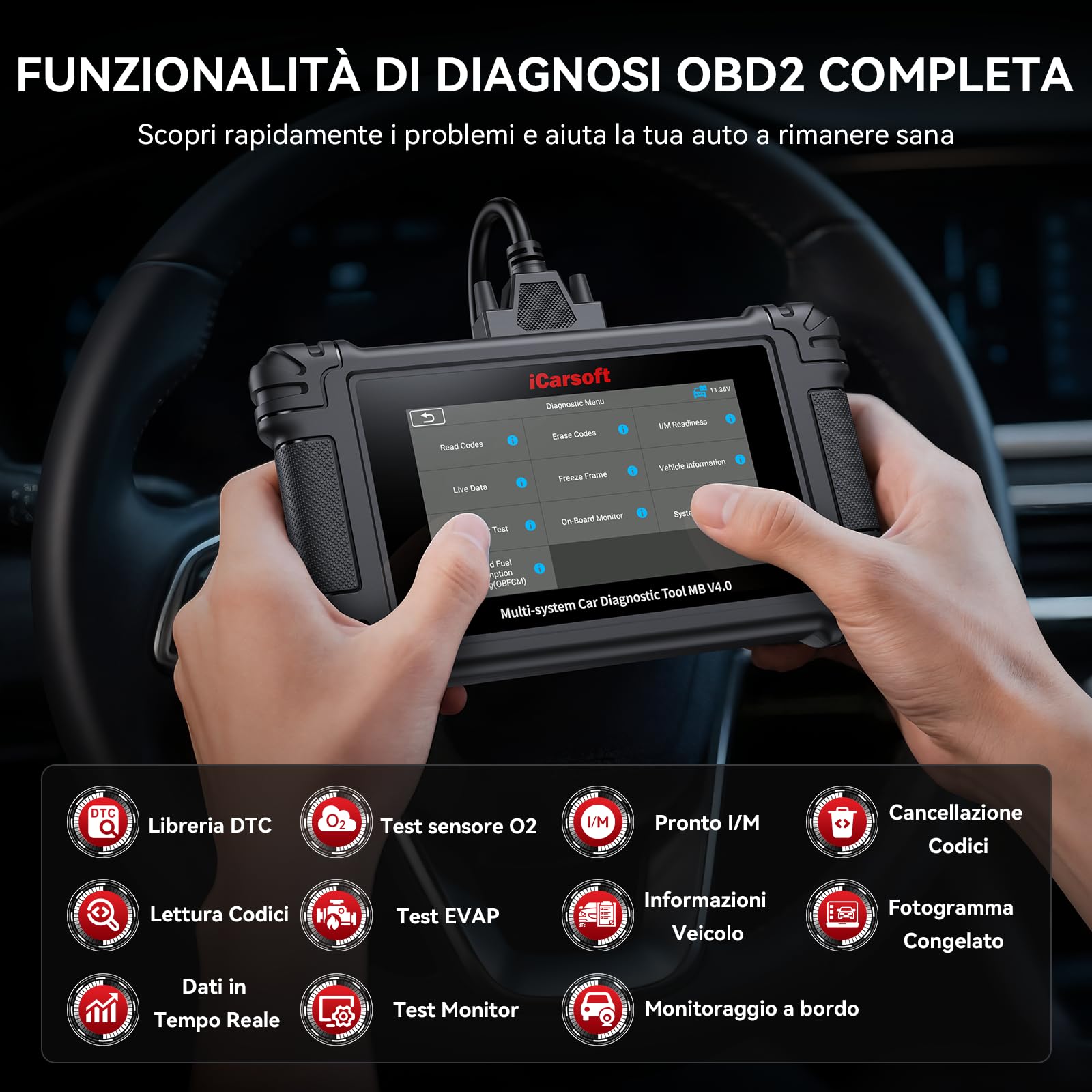 iCarsoft MB V4.0 Strumento di Diagnostica Bidirezionale para Benz/Sprinter//Smart/Maybach+ 2 marchi Auto Aggiuntivi, Scanner OBD2 con 38 Servizi, Test Bidirezionale -Aggiornamenti Gratuiti