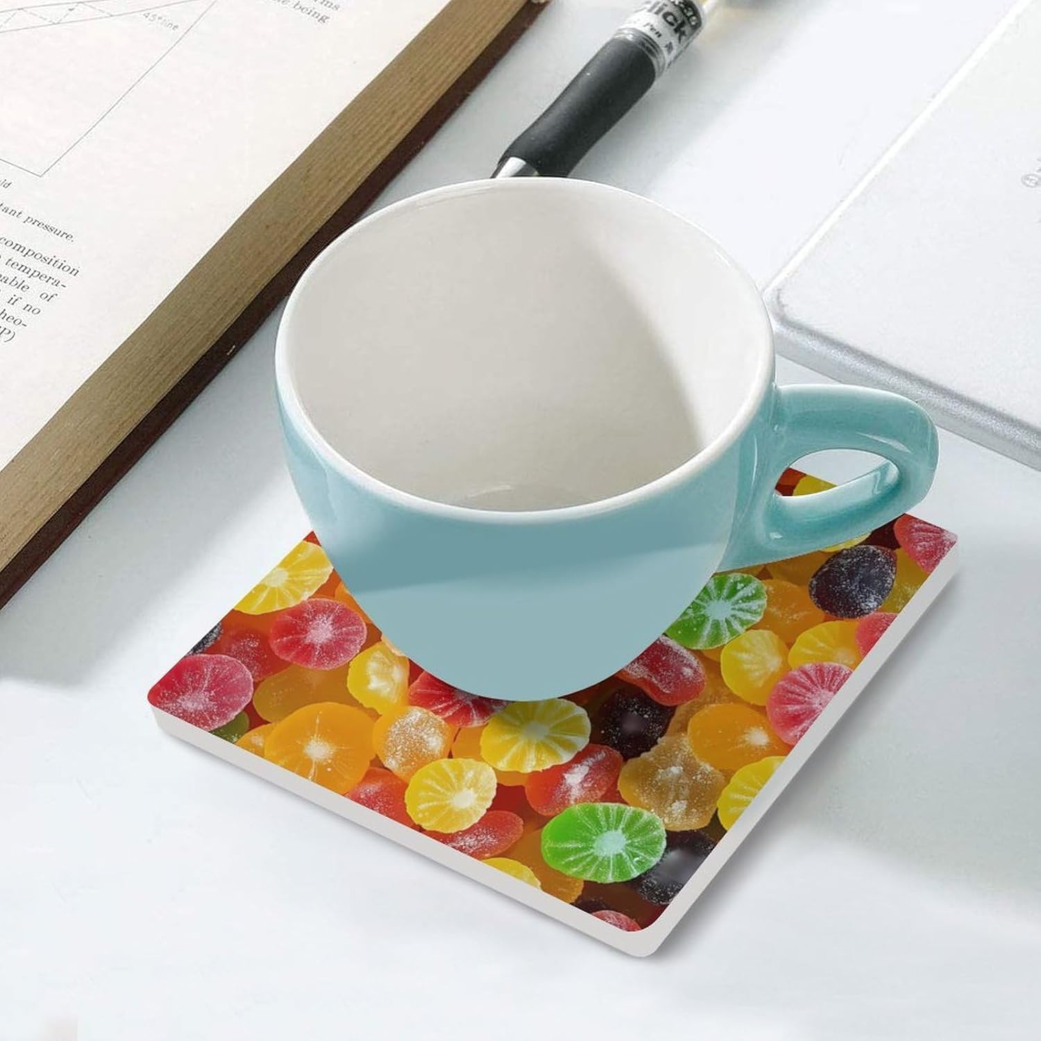 Gummy Fruit Candy Funny Ceramic Coasters for Drinks Absorbent Cup Holder Tabletop Protector with Cork Base