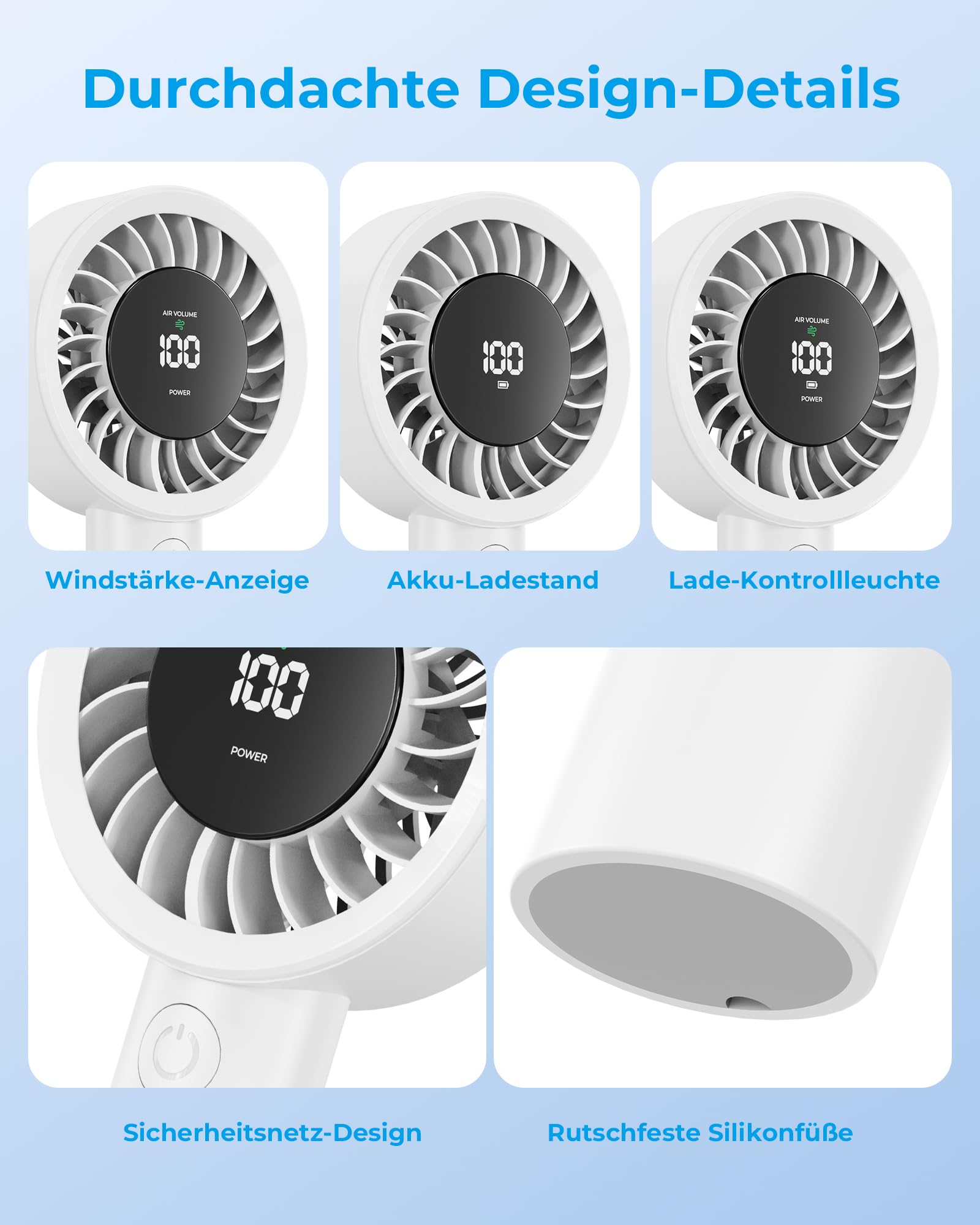 USB Tragbar Leiser Handventilator - 4000mAh Wiederaufladbar Starker Luftstrom Ventilator mit Lanyard, LED-Display, 5 Geschwindigkeitsstufen, Kompakt für Reise, Büro, Outdoor & Zuhause