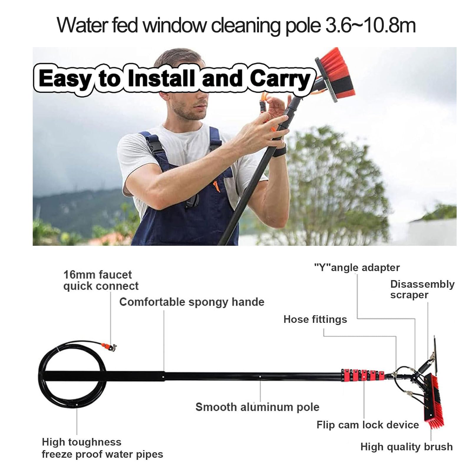 Kit de poste de alimentación de agua para limpieza de ventanas, cepillo telescópico extraíble de 5,5 m con eslla de goma para limpieza de cristales y paneles solares