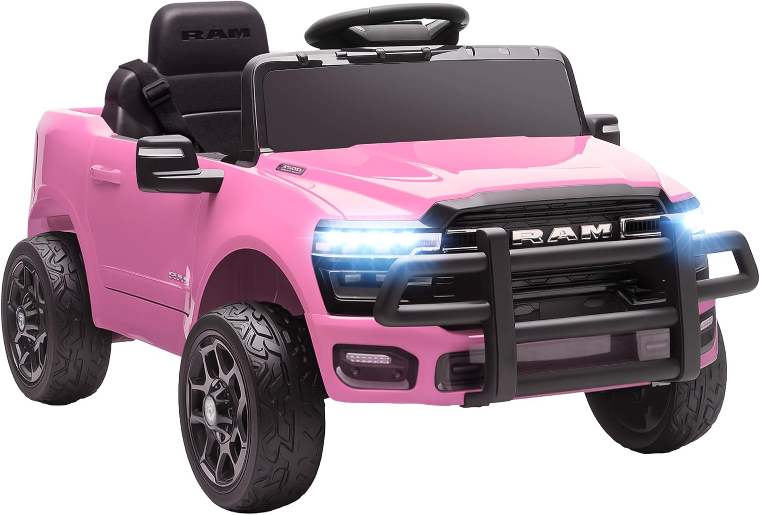 Qaba 12V Kids Ride on Car, Licensed Dodge RAM 3500 Electric Car for Kids with Dual Motors, Parent Remote Control, Rear Suspension, Power Display, Bluetooth Music and LED Lights, Pink