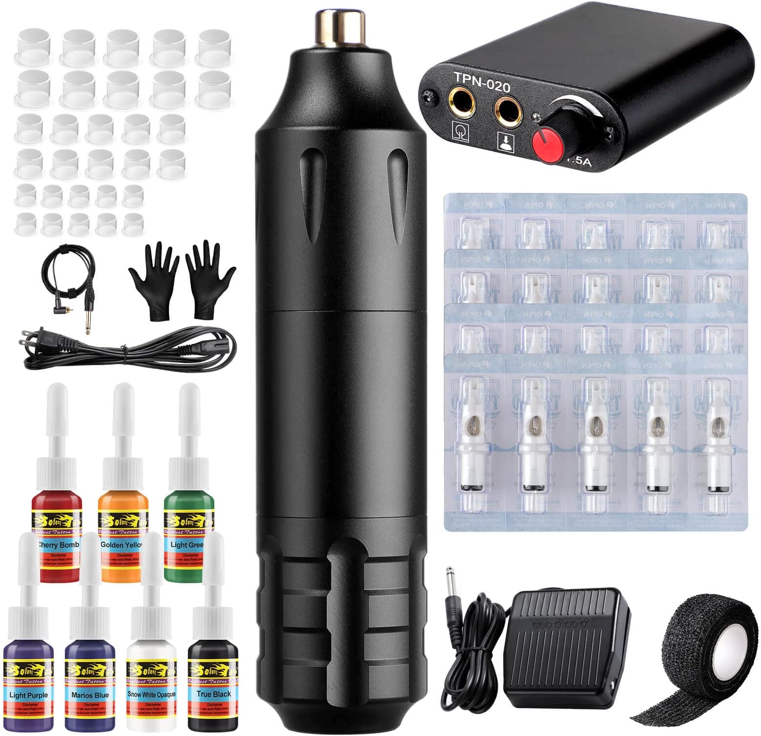 Solong Tattoo Kit-Rotary Tatto Machine Professional Tattoo Pen with Foot Pedal for Beginners 10 PCS Tattoos Cartridges Needles 7 Tattoo Ink