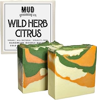 Mud Grooming Co Soap | Wild Herb Citrus | 2- Pack Handcrafted Soap Bars | Double Butter Formula | Ultra Gentle Handmade Soap Bar for Men | Vegan & Cruelty Free | Gentle for Sensitive Skin | Double Butter Soap with Shea and Cocoa | Cold Processed Handcrafted Soap | Manly Herbal Citrus Strong Scent Moisturizing Soap with Kaolin Clay | Handmade in Canada
