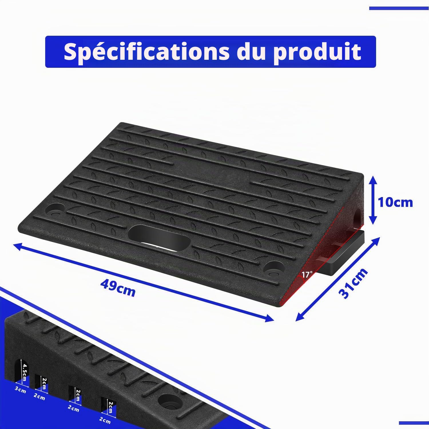 Fiqops Lot de 2 rampes de trottoir en caoutchouc - 10 cm de haut - Portable - 50 x 32 x 10 cm - Pour trottoirs, fauteuil roulant, voiture profonde - Avec poignée