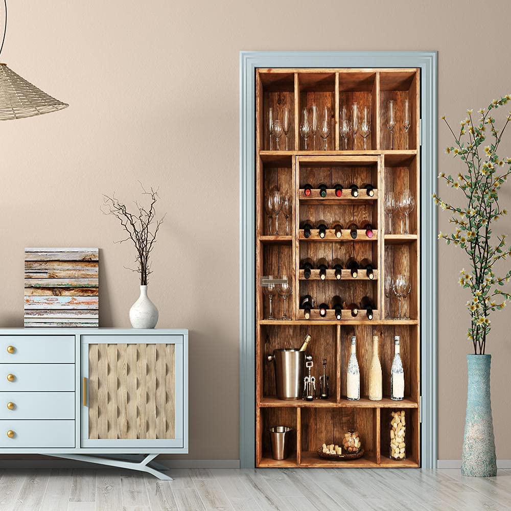 Stickers Porte 3D Muraux Auto-adhésif - Armoire à Vin -Papier Peint Decal De Porte,Autocollants Murales