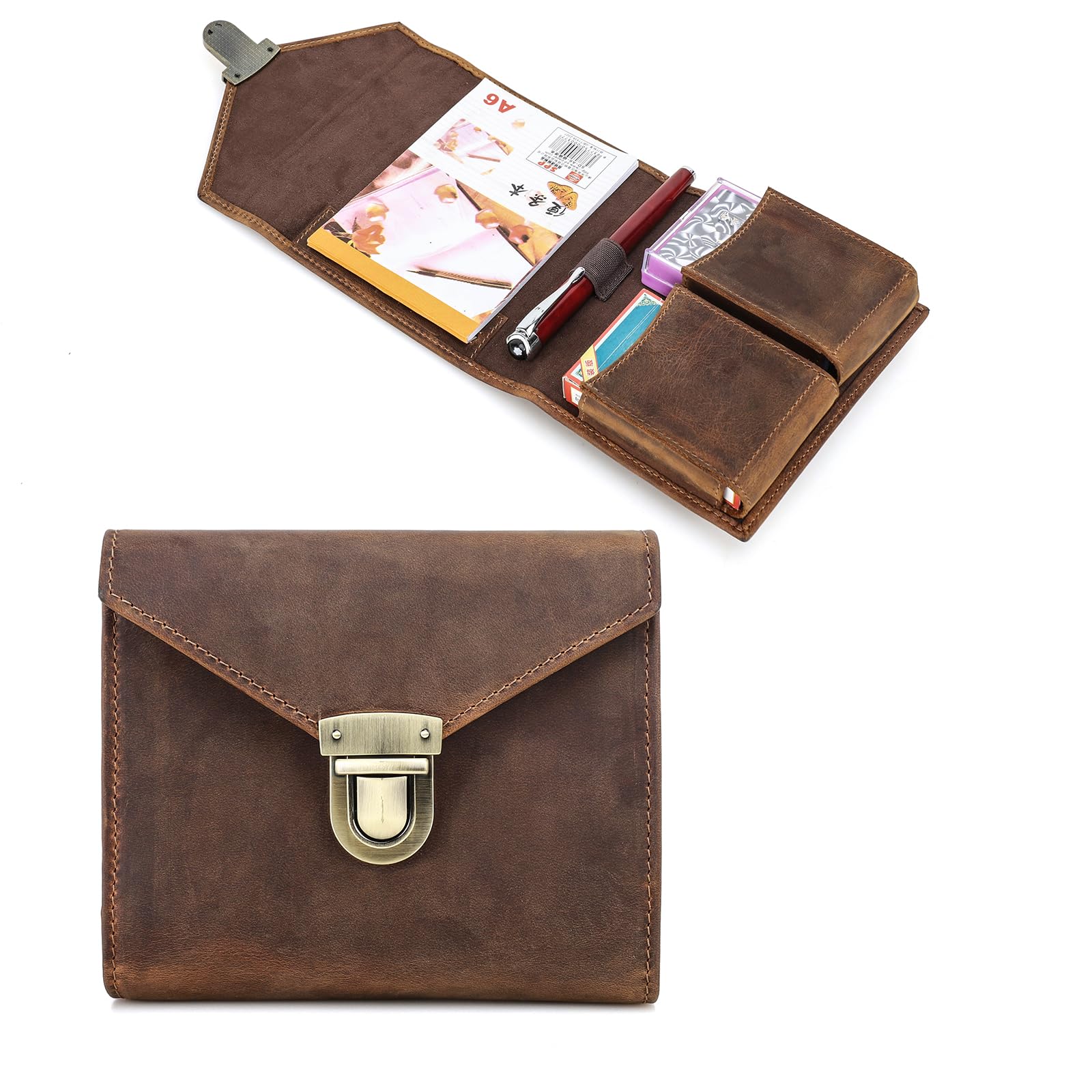 CONTACT'S FAMILY Playing Cards Case for 2 UNO,Fullgrain Leather Card Game Organiser Handmade, Poker and Bridge Travel Clutch with A6 Notebook Vintage (Not Including accessories