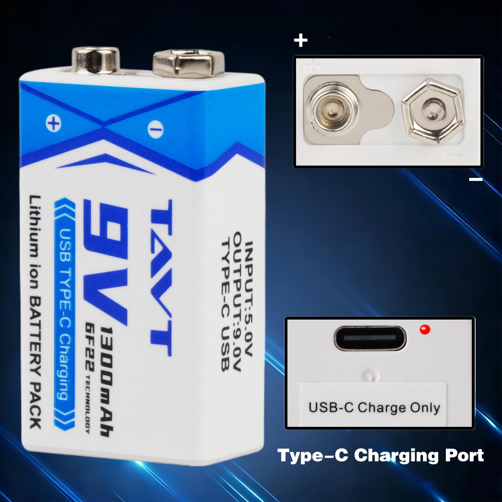TAVT 2X 9V baterías de 1300mAh con Puerto de Carga USB-C para Juguetes, Detector de Humo, multímetro, walkie-talkies, micrófonos — view 5