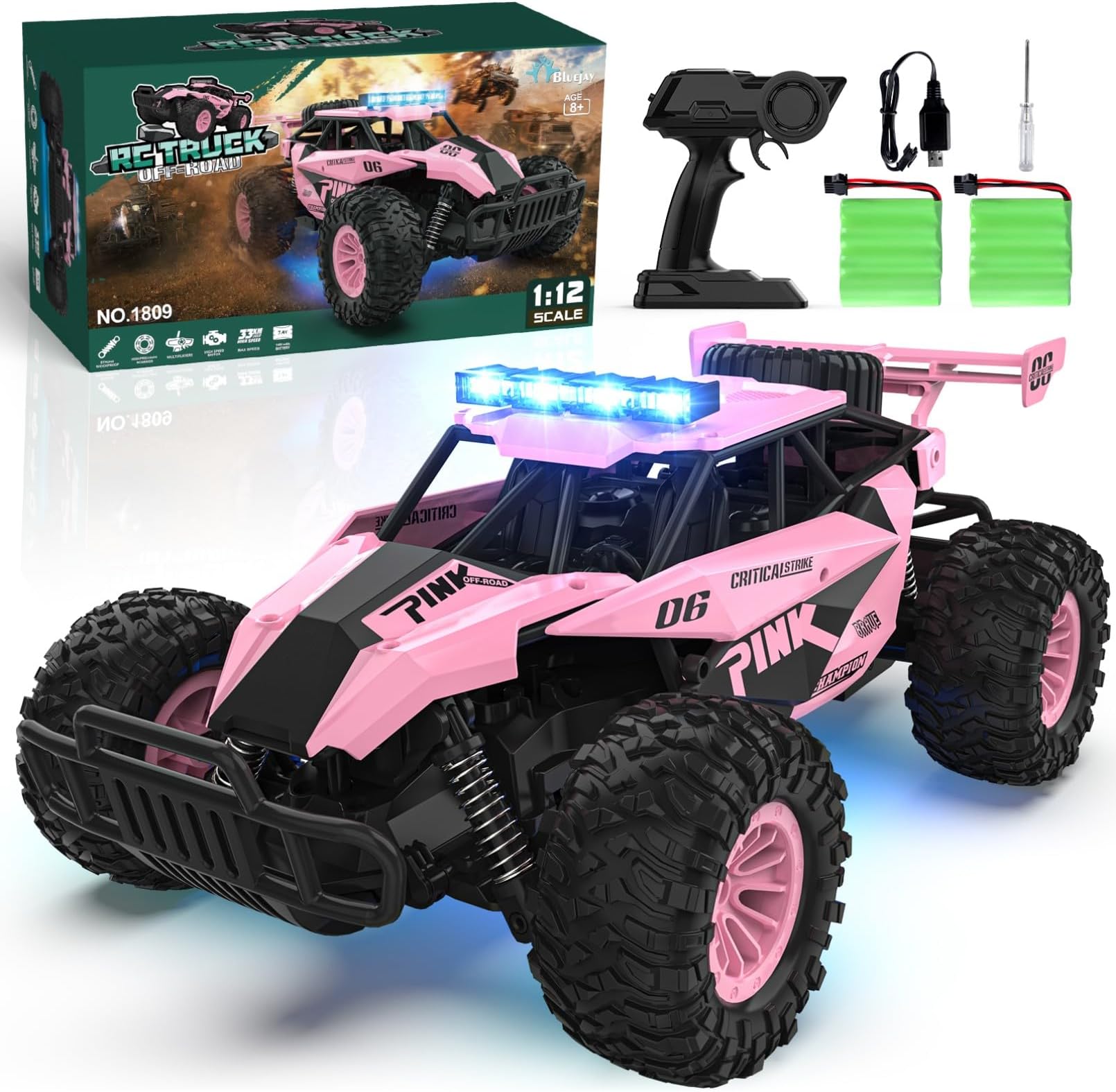 BLUEJAY Remote Control Car for Boys 8-12, RC Cars, 1:12 Monster RC Truck Off Road with LED Headlight and Rechargeable Battery Gifts for Adults Boys