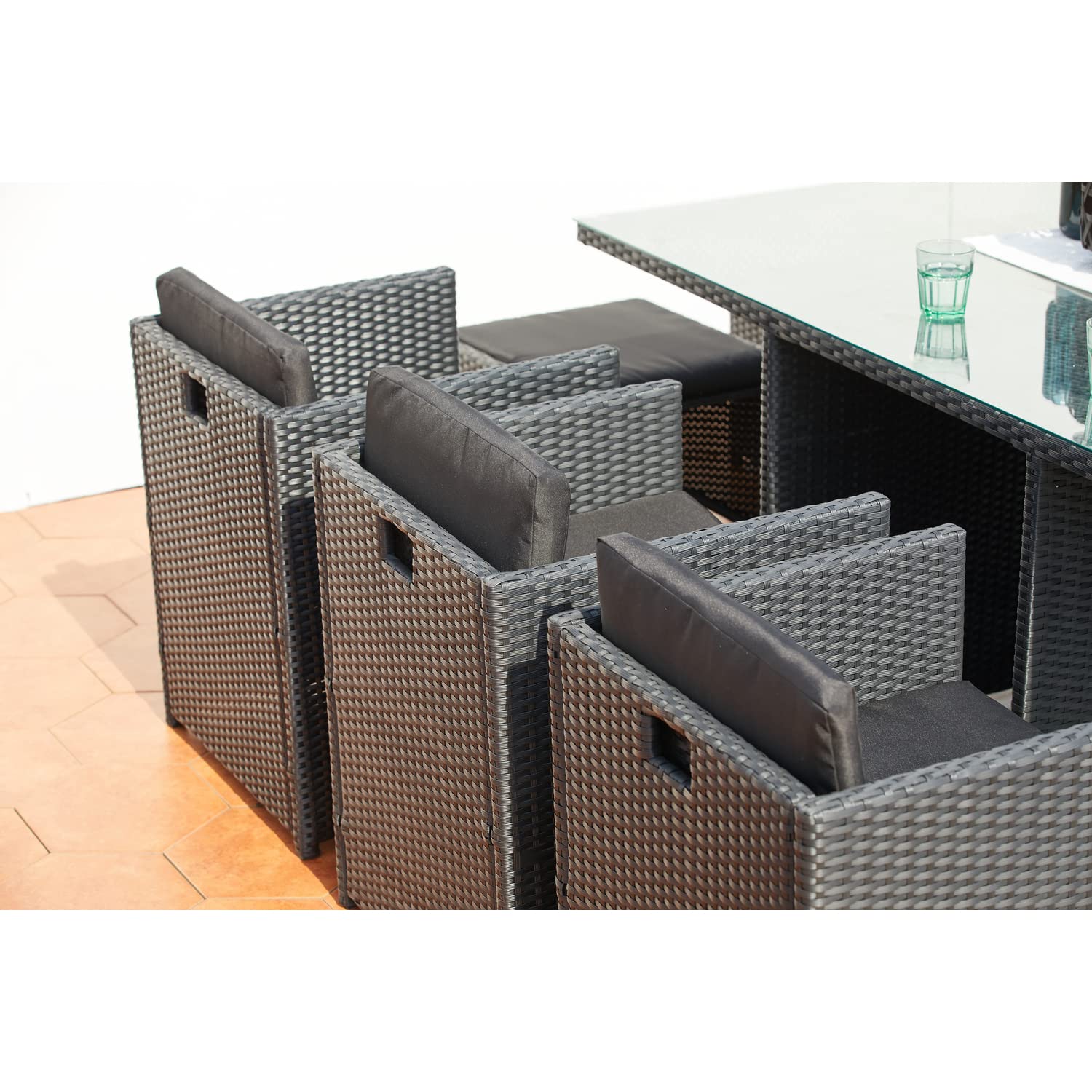 CONCEPT USINE Salon de Jardin Encastrable Miami Noir Coussins Noirs 6 Pers