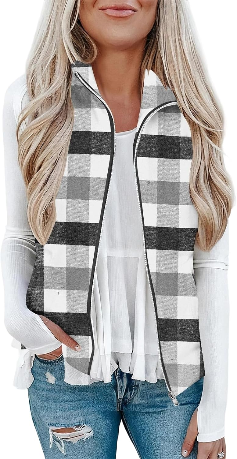 Plaid Polar Fleece Vest for Women Sherpa Fuzzy Zip Up Cropped Sleeveless Jackets Cozy Lapel Collar Checkered Outerwear