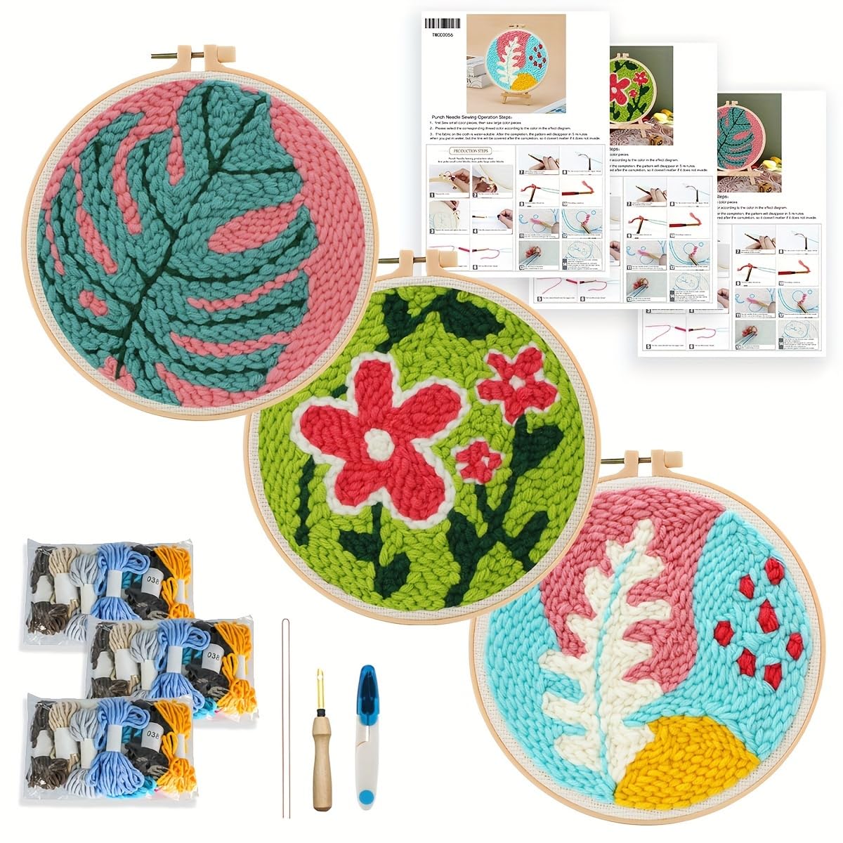 ZuoAnLF 3pcs Punch Needle Kit for Adults Beginners,Botanical Embroidery Starter Set with Wooden Needle&amp; Patterned Canvas – DIY Craft Kit for Wall Decor or Gift 7.9IN