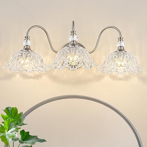 Miniatura 9 de Lámpara de tocador de baño de 3 luces de níquel cepillado con pantallas de vidrio transparente floral, iluminación de montaje en pared de níquel